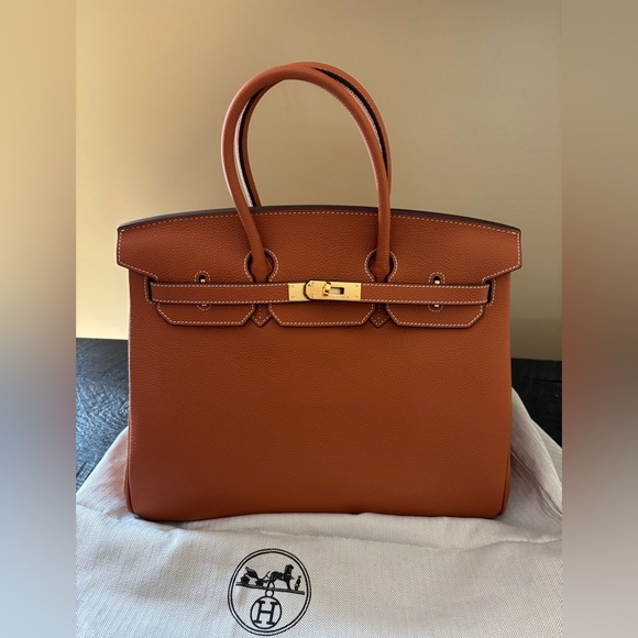 Faux Hermes Birkin Tan Leather Tote Bag with Gold Hardware